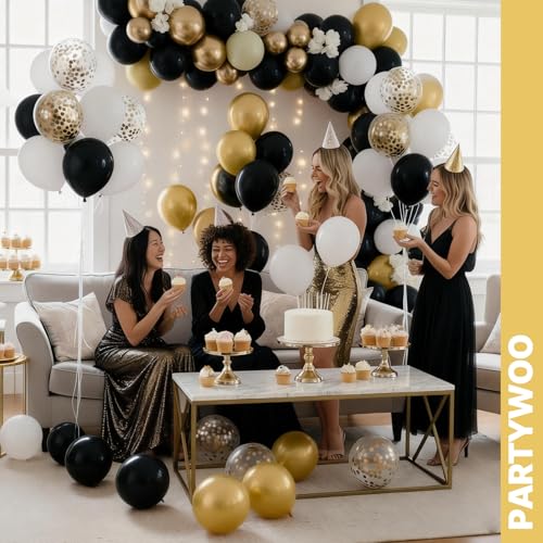Image of PartyWoo Gold and Black Balloons 100pcs 12 Inch Black and Gold Metallic Balloons for Birthday Wedding Anniversary Graduation Bachelorette Engagement Bridal Shower Retirement Party Decorations