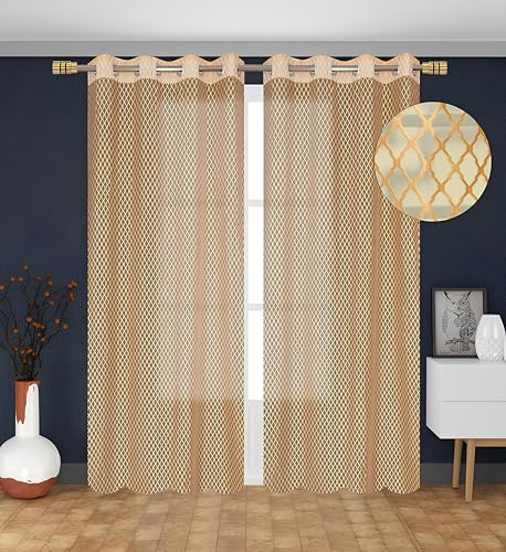 Image of Sheer Net Semi Transparent Home Decor Curtains for Living Room, Balcony Doors and Windows Panel, Parda, Eyelets Hanging, Golden, 4 x 9 Feet, Pack of 2