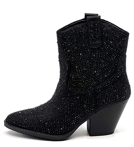 Women's Rhinestone Block Heel Mid Calf Short Ankle Booties Knee High Boots