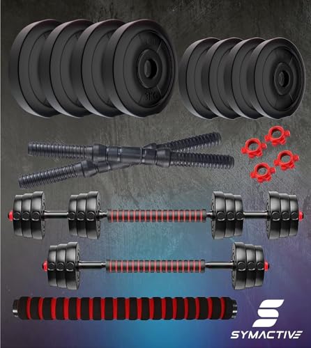 Image of Amazon Brand - Symactive PVC 16kg 3 | in | 1 Convertible Dumbbells Kit for Full Body Workout (1 Kg x 4 + 3 Kg x 4 PVC Weight | 14'' Dumbbell Rods Pair & Nuts | 1 Cushioned Connector Rod) | ‎44.5L x 23W Cm