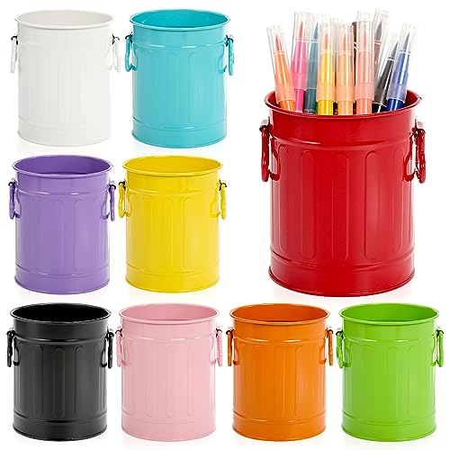Noamus 9 Pack Metal Pen Holder Mini Pencil Bucket with Handle Desktop Pencil Cup Makeup Brush Organizer Desk Colorful Small Pails Stationary Supplies Container for Office Classroom School Crafts