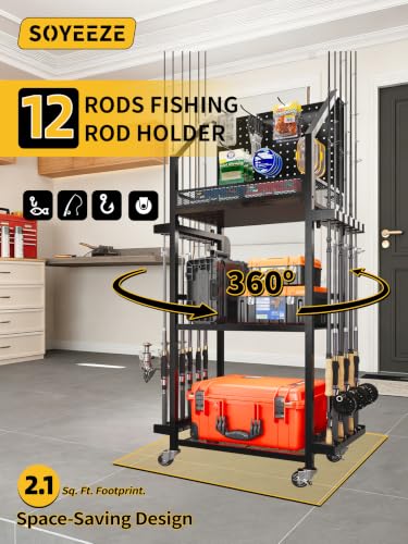 Image of SOYEEZE Fishing Rod Holders for Garage, Fishing Pole Holders Up to 12 Rods with Pegboard and Hooks,Rolling Fishing Cart with Wheels, Fishing Gear Storage For Tackle Box & Reel Organization- 10 Hooks