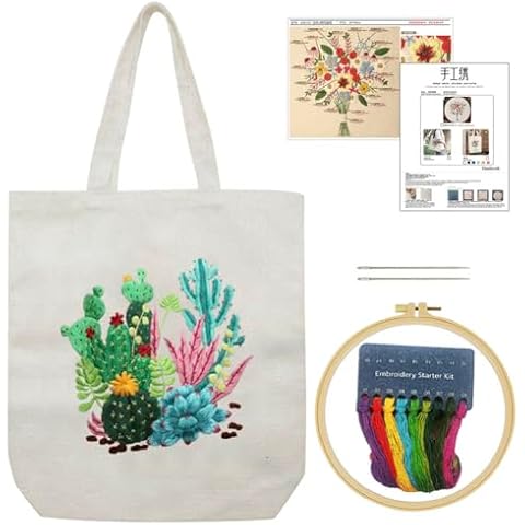 KABAKE Canvas Tote Bag Embroidery Kit, Embroidery Kits for Beginners, Arts and DIY Crafts Embroidery Starter kit, Include Stamped Embroidery Bag, Threads, Embroidery Tools (Beige Bag with Cactus) Cover