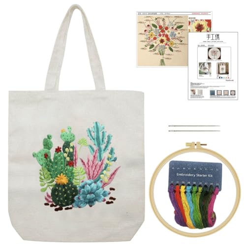 Image of KABAKE Canvas Tote Bag Embroidery Kit for Beginners, Arts and DIY Crafts Starter Kit, Includes Stamped Bag, Threads, Tools (Beige With Cactus)