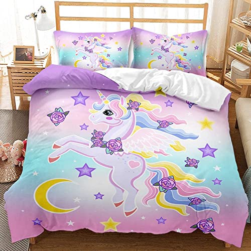 TULTOAP Ropa de Cama Unicornio 135 x 200 cm Rosa Niñas Juego de Ropa de Cama Lindo Dibujos Animados Arco Iris Unicornio Motivo Funda nórdica con Funda de Almohada (A,135 x 200 cm)