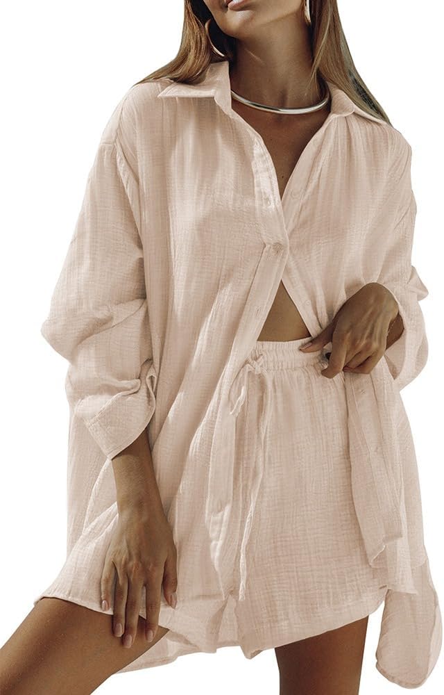 Fixmatti Women 2 Piece Outfits Long Sleeve Button Down Blouse and Shorts Sweatsuit Sets