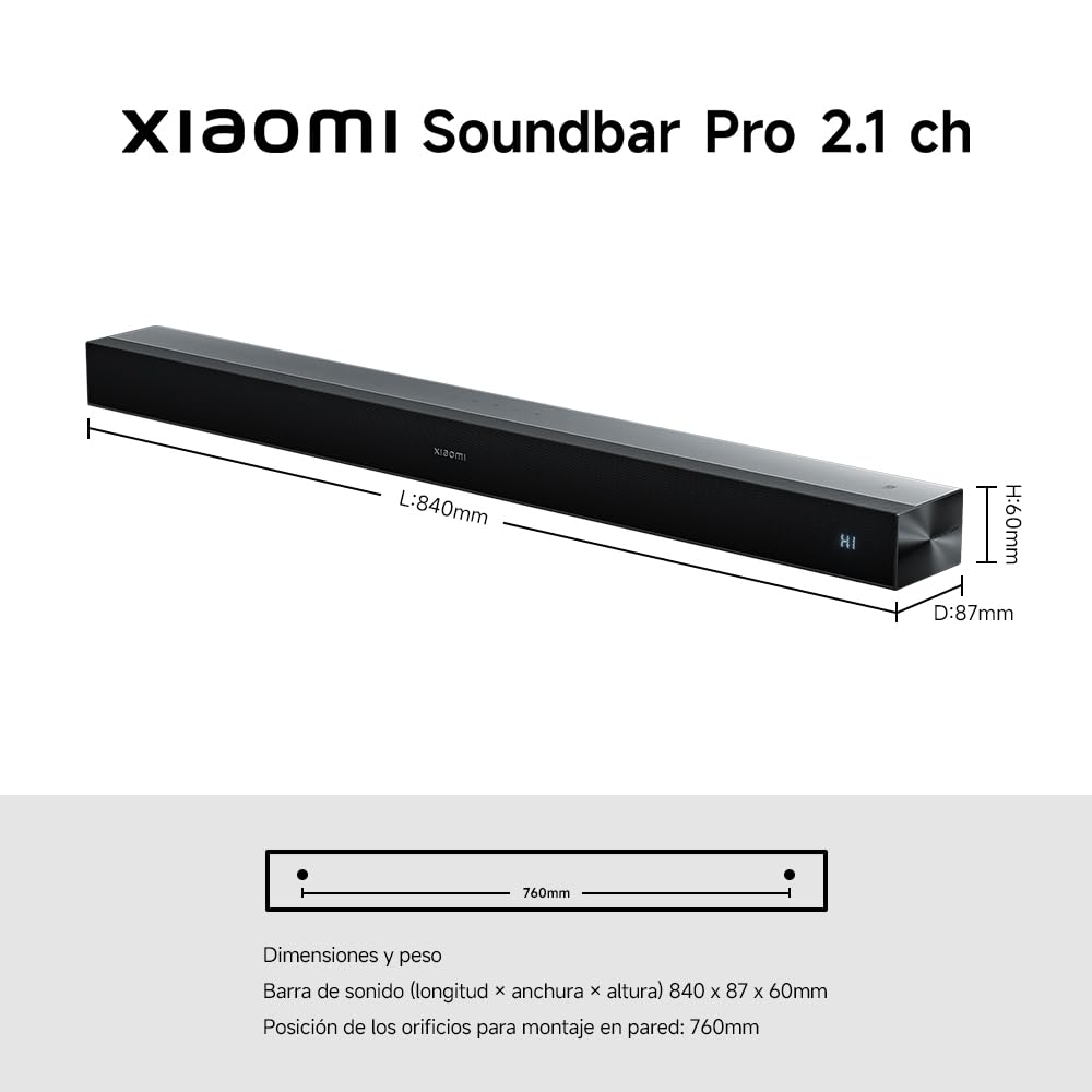 XIAOMI Soundbar Pro 2.1ch-Barra de Sonido TV de 300W con Graves potentes y subwoofer inalámbrico Externo. Compatible con Dolby Audio™ y DTS Virtual:X. Conexiones HDMI ARC/Óptico/Coaxial/Bluetooth