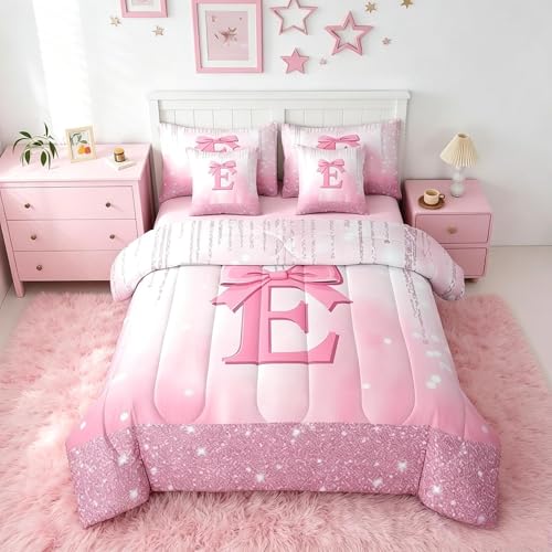 Image of Feelyou Kids Pink Bowknot 7 Pieces Bedding Set Queen Size, Personalized Initial E Bed in A Bag Princess Glitter Comforter Set with Sheets Boys Girls Bow Alphabet Teens Bed Set Bedroom Decor 7Pcs