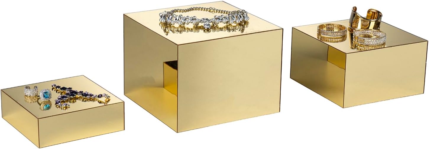 MyGift Gold Mirrored Risers Display Stands, 8, 7, and 6 Inch Block Box Risers, Dessert Stands for Dessert Table, Nesting Buffet Table Risers for Cakes Appetizers Food Catering Party Event Decor, 3 Piece Set