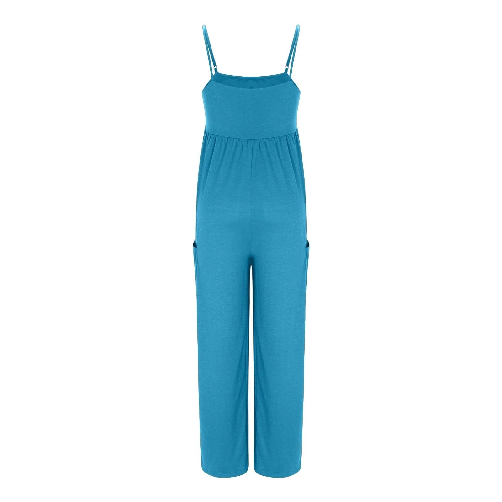 Generisch Combinaison pour femme - Barboteuse d'été sans manches - Jambes larges - Bretelles spaghetti - Couleur unie - Décontractée - Avec poche - Pantalon d'été