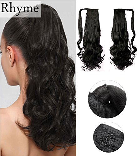 Dark Brown Ponytail Clip in Hair Extensions Natural Long Curly Wavy Wrap Around Wig 110g 20” by Rhyme - Drawstring Tie Up Pony Tail Hair piece For Women Girls Lady