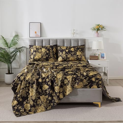 Image of FADFAY Rose Sheets Set King Vintage Black Gold Floral Bedding Shabby Peony Botanical Sheets Luxury Farmhouse Bedding 800 Thread Count 100% Egyptian Cotton Deep Pocket Fitted Sheet 4Pcs, King Size