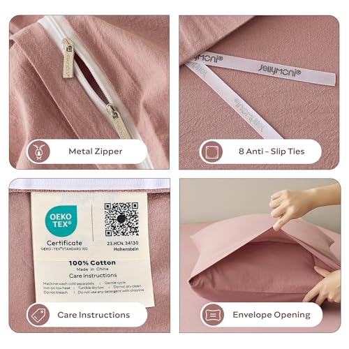 Image of JELLYMONI Queen Size Duvet Cover 100% Cotton Linen Texture Breathable Set | Pure Cotton, Zipper Closure, with natural wrinkles, Breathable&Soft,fade-resistant,1 Duvet Cover & 2 Pillowcases