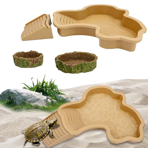 3PCS Tortoise Habitat Accessories Creature Bathing Pool with Ramp & Basking Area 2PCS Simulation Tree Stump Feeding Dish for Turtle Gecko Frog Semi-Aquatic Species (Yellow)