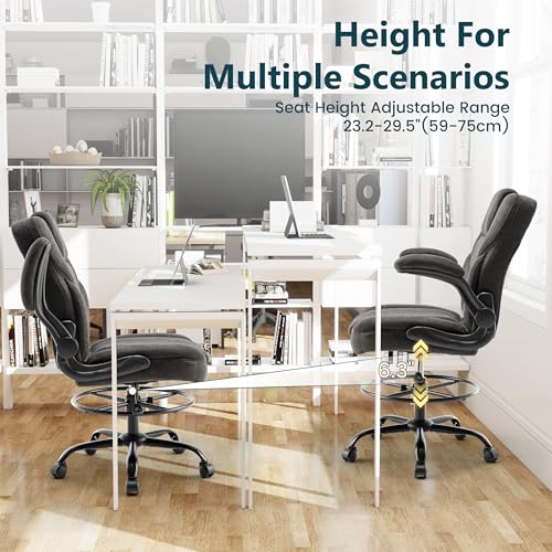 Image of Drafting Chair 500Lbs, Tall Office Chair for Standing Desk, Fabric Executive Office Chair with Flip-up Armrests, Ergonomic High Chair with Adjustable Foot Ring, Comfy Stool Chairs, Black