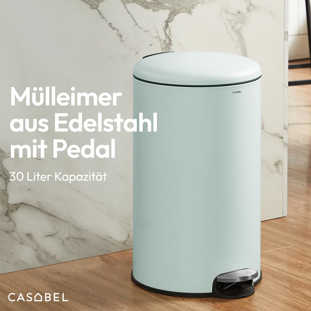 CASABEL Mülleimer Küche 30L, 100% Edelstahl, Resistent gegen Fingerabdrücke, Runder Treteimer mit Fußpedal, Abfalleimer mit Deckel für Bad, Küche, Büro, Mintgrün