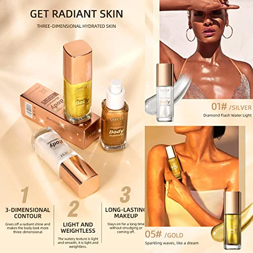 Meicoly Liquid Body Illuminator,Moisturizing Long Lasting Body Shimmer,Smooth Waterproof Shimmer Body Oil,Glow Body Highlighter Face Body Luminizer,40Ml/1.35 Fl Oz.#02 Rose Gold #TOP4