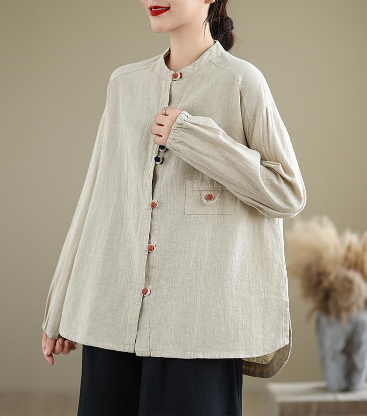 Camisas De Manga Larga De Lino Y Algodón para Mujer, Blusa Tipo Túnica con Botones Y Cuello Redondo Verde Salvia, Informal, Holgada, para Uso Diario Y Elegante.