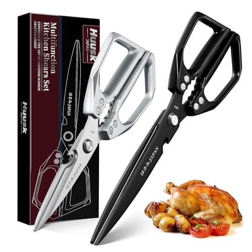 HUUSK Kitchen Shears Set Upgraded - Stainless Steel Kitchen Scissors, Sharp Meat Scissors, Heavy Duty Poultry Shear, Japanese Cooking Scissor for Food, Chicken Bones, and Turkey - Dishwasher Safe