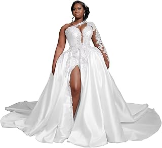 One Shoulder Satin Wedding Dresses Long Sleeve Mermaid Crystals Beaded Bridal Wedding Gowns with Slit - Buy now