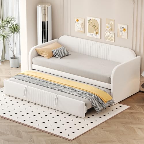 Lubvtti Sofá cama nido 90/180 x 190 cm, cama multifunción de rayas verticales, tejido de lino, beige (colchón no incluido)