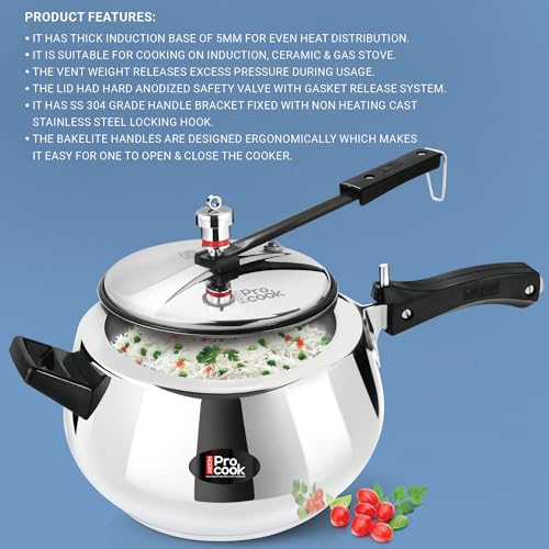 Image of Milton Pro Cook 3-Layer Thick Triply Bottom I Induction Cookware & Gas Stove Friendly Stainless Steel Pressure Cooker 5 Litre | Inner Lid | Safety Valve with Gasket Release System | 5 Years Warranty