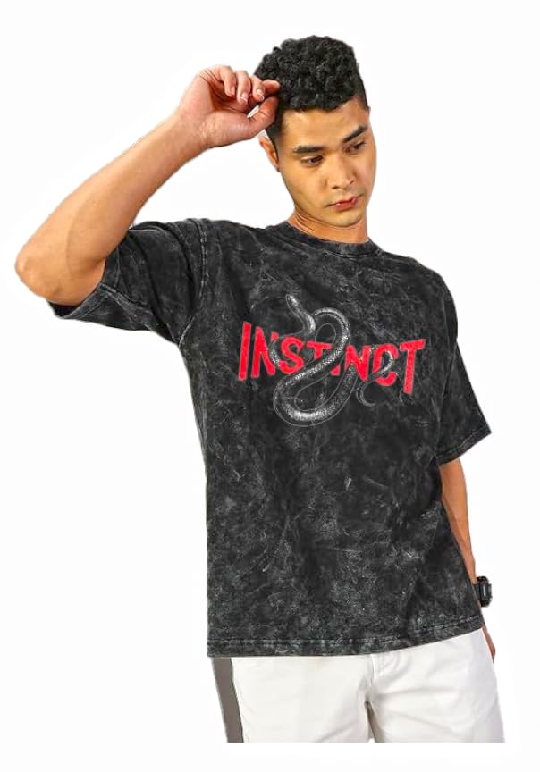 Bee-Fits Cotton Instinst Snake Printed Unisex Half Sleeve Dye Wash Oversized Tshirt for Men Drop Shoulder Round Neck Black Pack of 1-image-39
