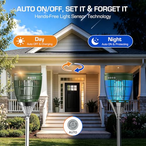 Image of Solar Bug Zapper Outdoor, Mosquito Zapper with Flame & Projector Light | Auto On /Off, Waterproof Cordless Mosquito Trap Solar Powered, 4200V Electric Fly Zapper Killer for Patio Yard Camping Garden