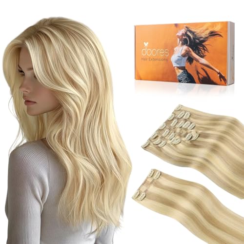 DOORES Hair Extensions Clip in Human Hair, Dirty Blonde Highlight Golden Blonde 150g 9pcs 20 Inch, Remy Hair Extensions Clip in Real Human Hair Extensions Clip in Straight Natural Hair Extensions