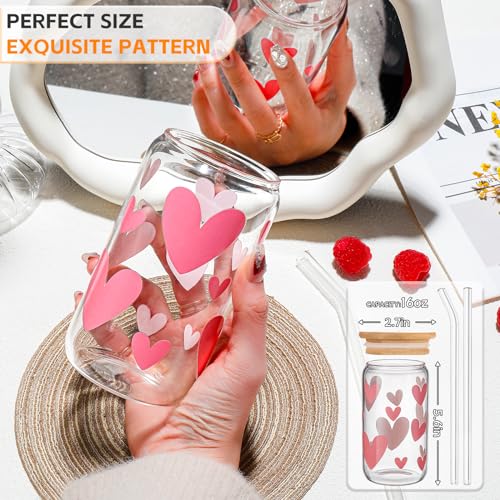 DWTS DANWEITESI Glass Cups with Lids and Straws with Design Pink Hearts 4 pcs,Clear Glass Cups 16 oz-Glass Tumbler,Cute Glass Iced Coffee Cups with Lids and Straws