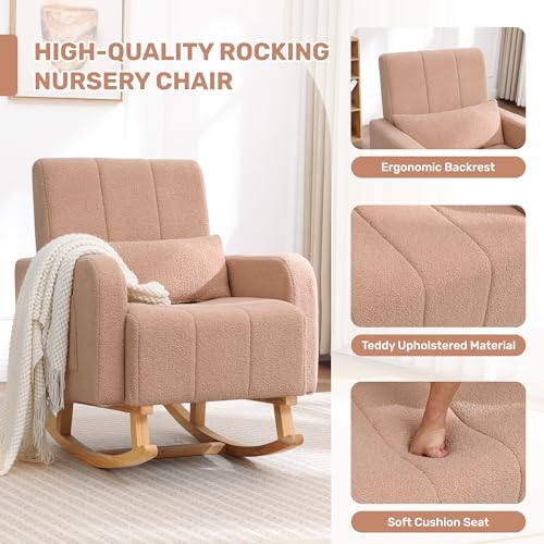 Image of HCHAIRH Rocking Nursing Chair with Ottoman, Teddy Glider Rocker Armchair with Side Pocket and High Backrest, Comfy Reading Chair with Solid Wood Legs for Nursery, Living Room,Bedroom, Coffee