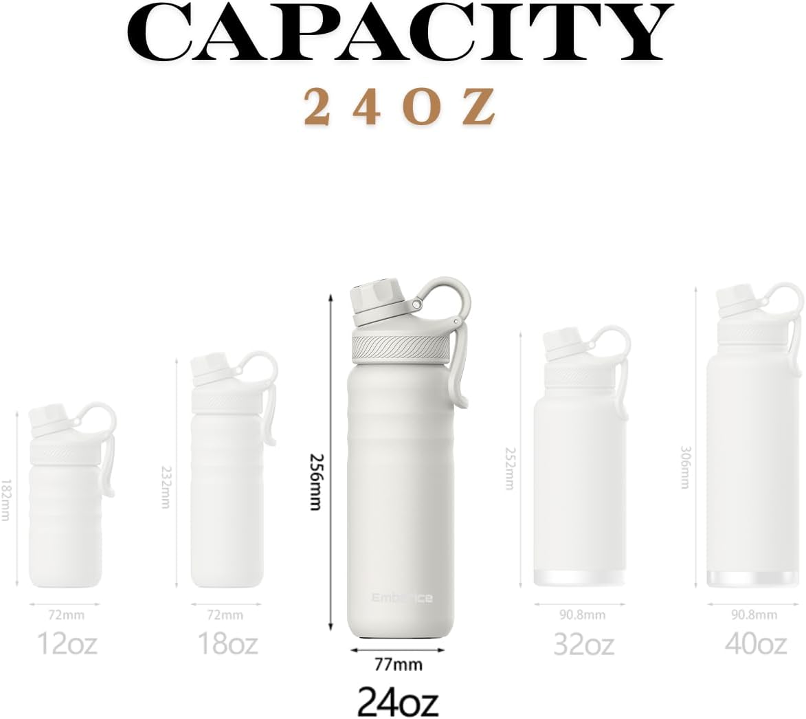 EmberIce double wall Insulated Stainless Steel Water Bottle with Straw, Lid, 12hr Hot and 24hr Cold Drinks, 24 oz (White, 24 oz)