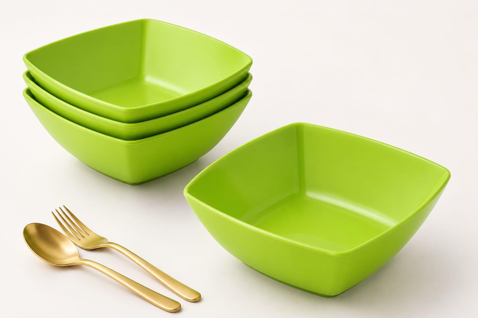 Buzztrove 4 Pack Plastic Bowls 19x19cm Green – Reusable Square Serving Bowls – Durable Plastic Pasta, Fruit & Salad Bowls – Lightweight Green Party Bowls.