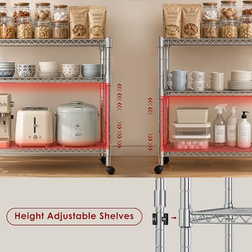 Image of Heavy Duty 3-Shelf Shelving Unit, 24.02 inch W x 13.78 inch D x 21.97 inch H Chrome Steel Storage Rack with Wheels, 2 PP Shelf Liners and Hooks, Adjustable Under Desk Organizer for Kitchen, Office, Garage