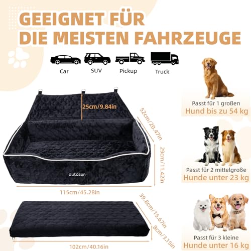 autozen Hunde Autositz für mittlerer große Hunde, Abnehmbarer Hundesitz Auto bis zu 54kg mit 2 Sicherheitsleinen, Waschbarer Hundebett Auto für den Rücksitz, Schwarz