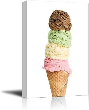 Canvas Prints Wall Art - Wafer Cone with Four Scoops of Ice Cream, Strawberry, Vanilla, Mint and Chocolate -16" x 24"