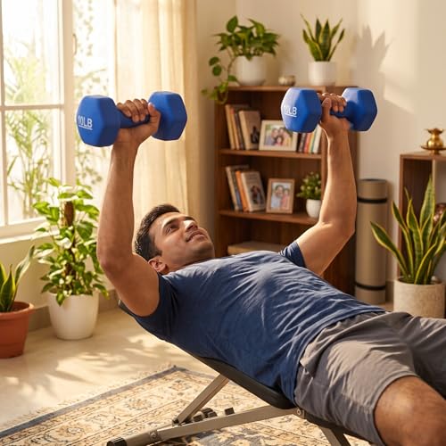 Image of KAKSS Neoprene Dumbbell Set of 2 (10 lb / 4.5 Kg Each), Blue Hex Dumbbells with Cast Iron Core and Non-Slip Coated Grip, Hand Weights for Home Workout Equipment and Gym Dumbbell for Women and Men