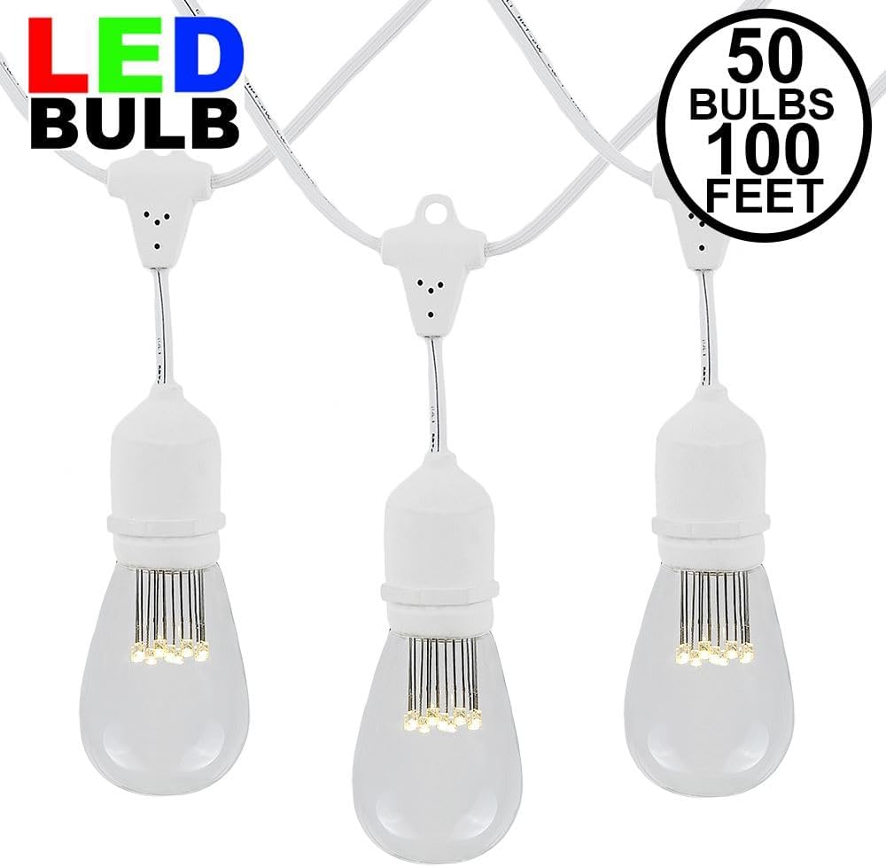 100 Foot S14 Edison Outdoor String Lights – Suspended - Commercial Grade - Backyard Garden Gazebo – Cafe Market String Lights – Vintage Patio String Lights – White Wire - 50 S14 LED Bulbs