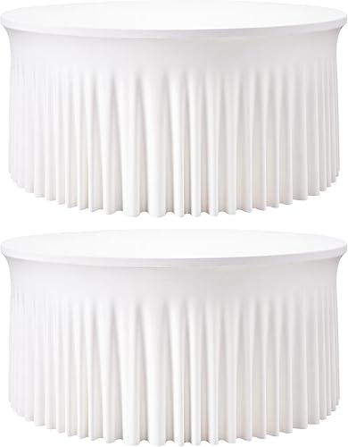 2 Pack White 72 inch Round Spandex Tablecloth, Washable Stretchy Fitted 6FT Round Tables,Elastic Edge with Skirt, Wrinkle-Free Table Cloths for