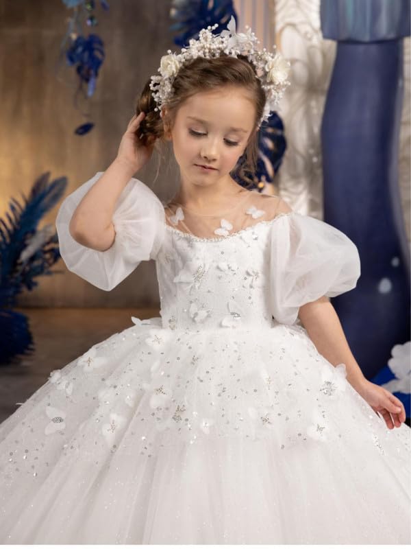 Sequins Flower Girls Dress Puff Sleeve Pageant Butterfly Wedding Party Prom Formal Gowns4