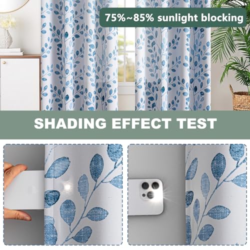 Image of MYSKY HOME Blue Leaf Curtains 63 Inch Length for Bedroom Grommet 2 Panels | Privacy Protection Room Darkening Thermal Insulated Printed Window Drapes for Kitchen Small Window, Each Panel 52 inch W