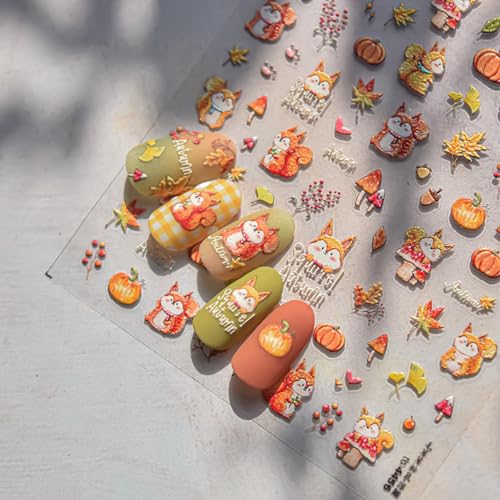 Image of Fall Nail Stickers Squirrel Nail Art Stickers Maple Leaf Nail Decals 5D Self Adhesive with Design Autumn Pumpkin Nails Art Decals Cute Nails Decoration for Women Girls Kid Manicure Charms Accessories