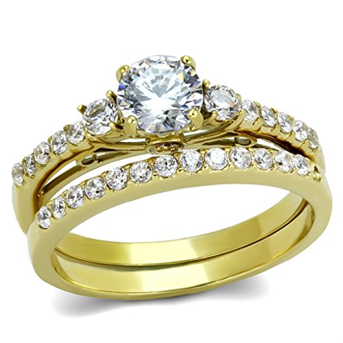 Lanyjewelry 0.6 Carat Round Cut CZ Women's Gold IP Stainless Steel Engagement Ring Set- Size 5