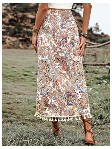 Verdusa Women's Paisley Print Wrap Fringe Skirt Boho High Waisted AWestern Symmetrical Long Skirts2