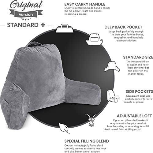 Image of Husband Pillow Dark Grey, Standard+ Original Reading Pillow in Bed Rest Chair, Shredded Memory Foam Large Lounge Cushion Adult Backrest w /Arms, Comfy Back Support for Sit Sitting Up, Removable Cover