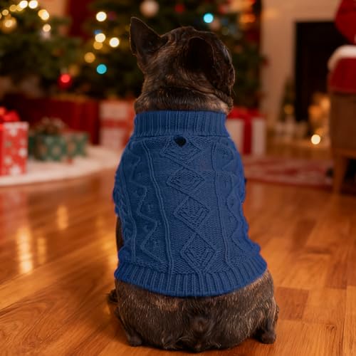 Image of PUPTECK Dog Sweater, Turtleneck Warm Knitted Pullover Coat, Thick Cable Knitwear Clothes in Winter, Pet Apparel Outfits for Small Medium Dogs, for Cold Weather Indoor & Outdoor, Deep Blue M