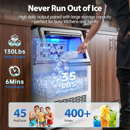 Image of 130lbs /30lbs Ice Machine, Self-Cleaning Commercial for Bar & Home | 13 thickness levels, 10-min auto-clean, 24H timer, LED display, quick water hookup - easy maintenance.