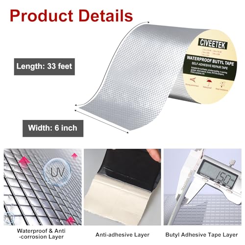 Image of Butyl Tape 6in x 33ft, Waterproof Rubber Roof Repair Butyl Tape Aluminum Outdoor Leak Repair Duct Tapes for Pipe RV Awning Sail Roof Window Sealing