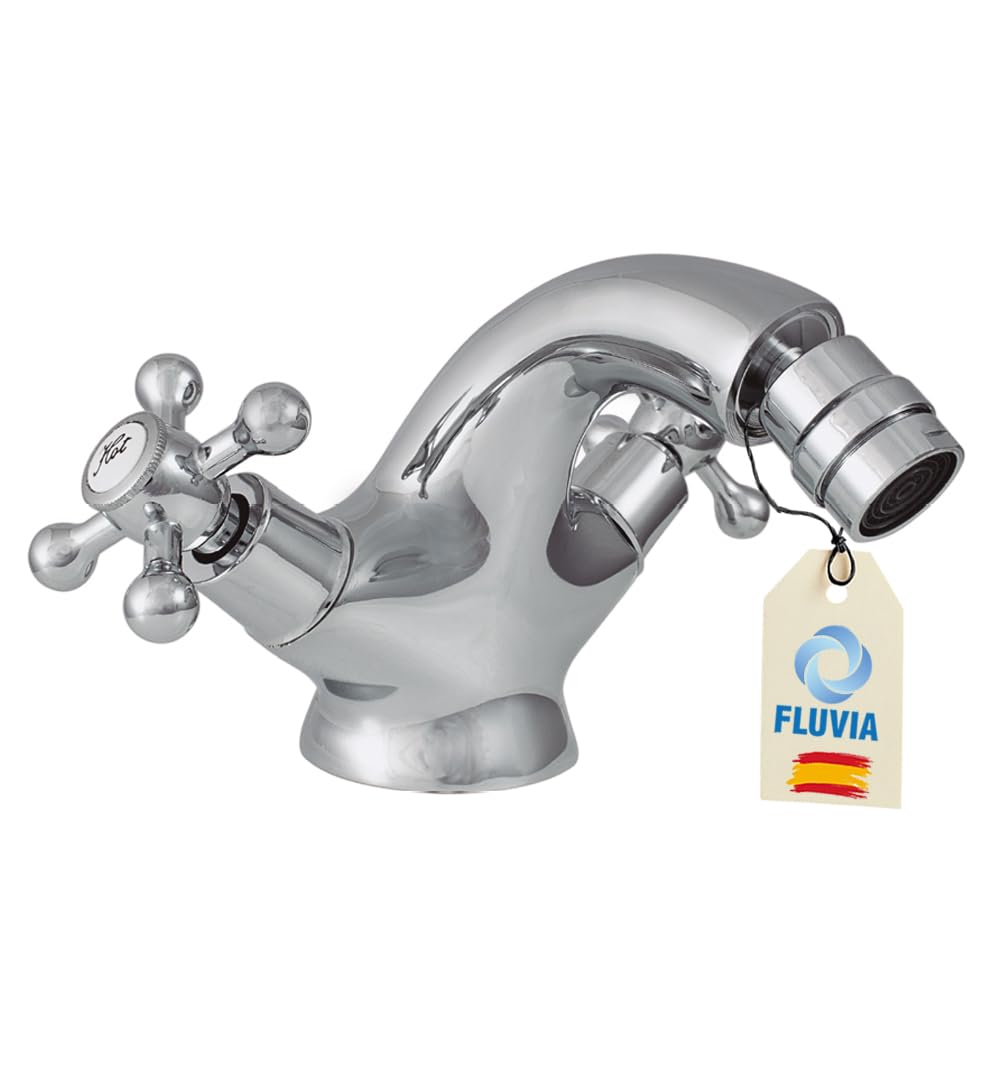 Grifo Monobloc para Bidet, Fluvia Serie ÉPOCA, Acabado Cromado, Montura Cerámica 1/2 Vuelta, Conexiones Flexitub