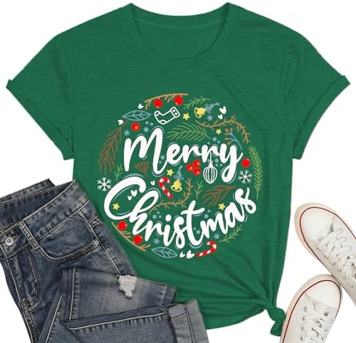 Merry Christmas Women Shirt Festive Holiday Graphic Tee Xmas T-Shirt Parties Gifts Tee Tops